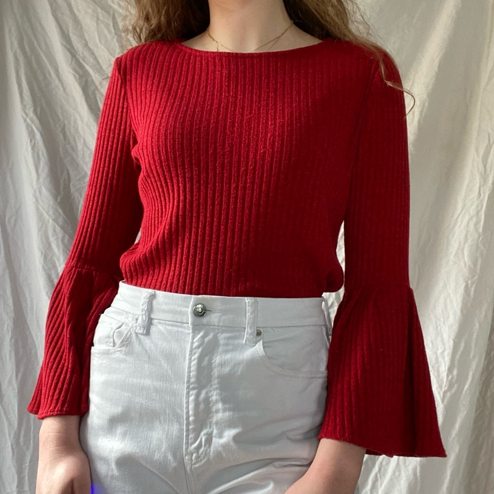 Coco Bianco Vintage Red Christmas Sweater Top Size Medium Flowy Sleeves Ribbed